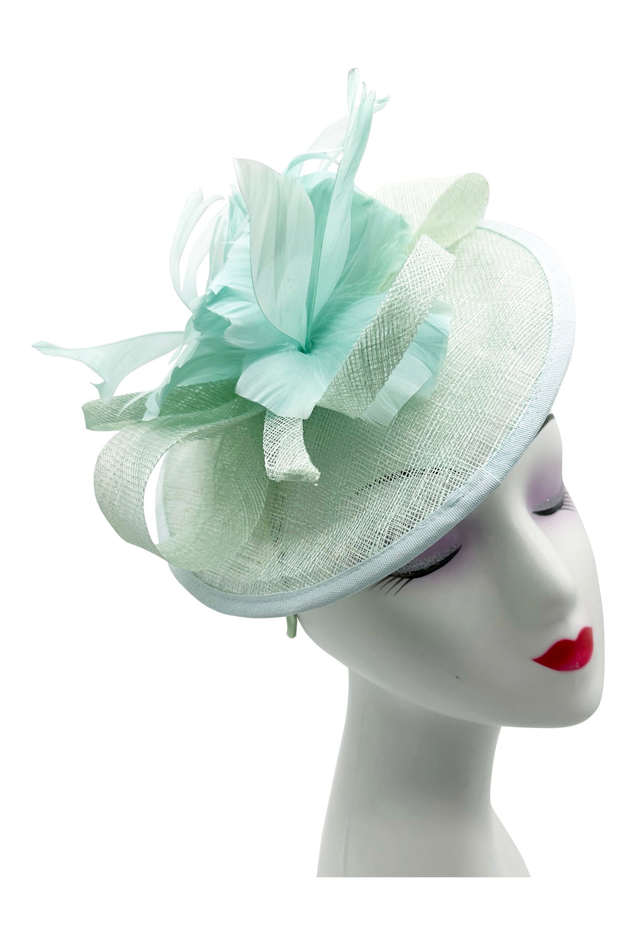 Sinamay Hatinator with Spiral Ribbon and Feather Flower