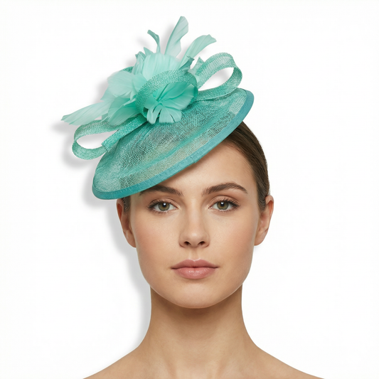 Sinamay Hatinator with Spiral Ribbon and Feather Flower