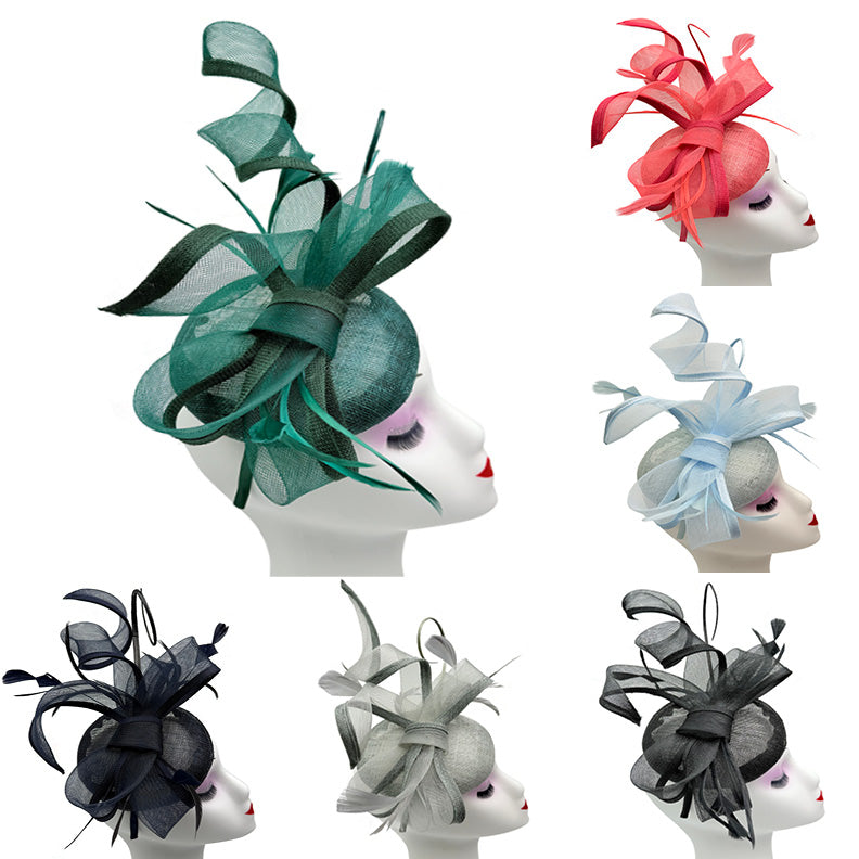 Round Pill Box Fascinator with Bow & Feathers Detailing