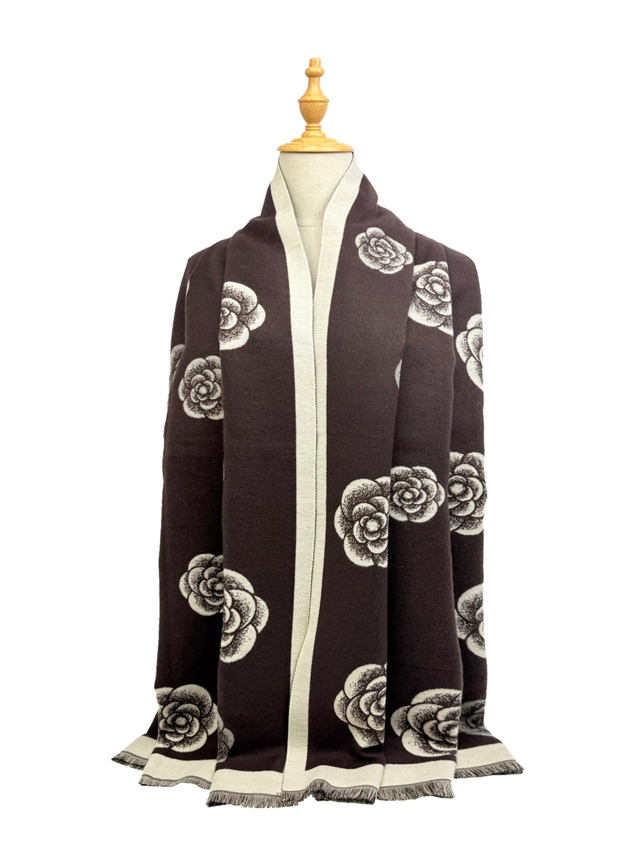 Floral Pattern Scarf with Rose Design, Grey and Cream, Fringed Border