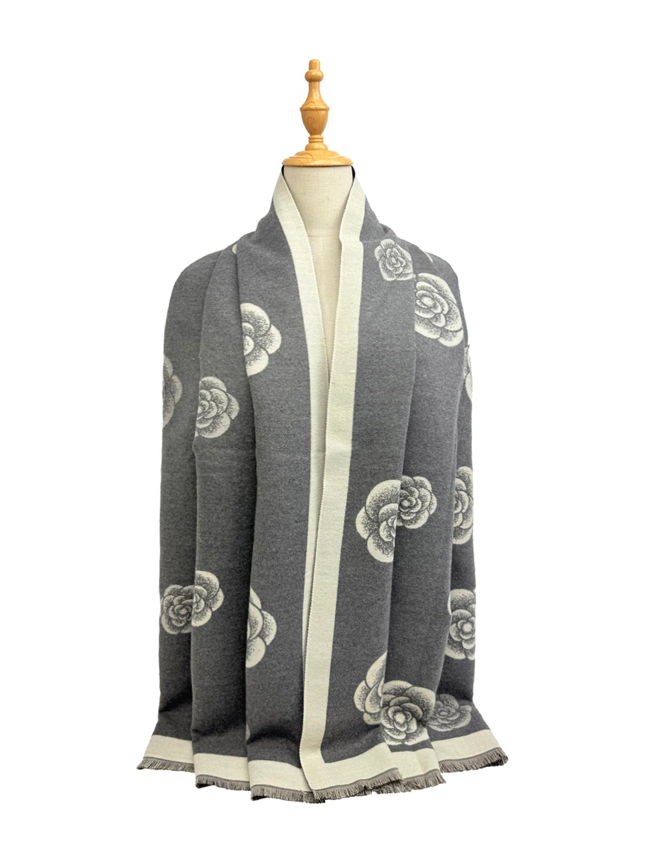 Floral Pattern Scarf with Rose Design, Grey and Cream, Fringed Border