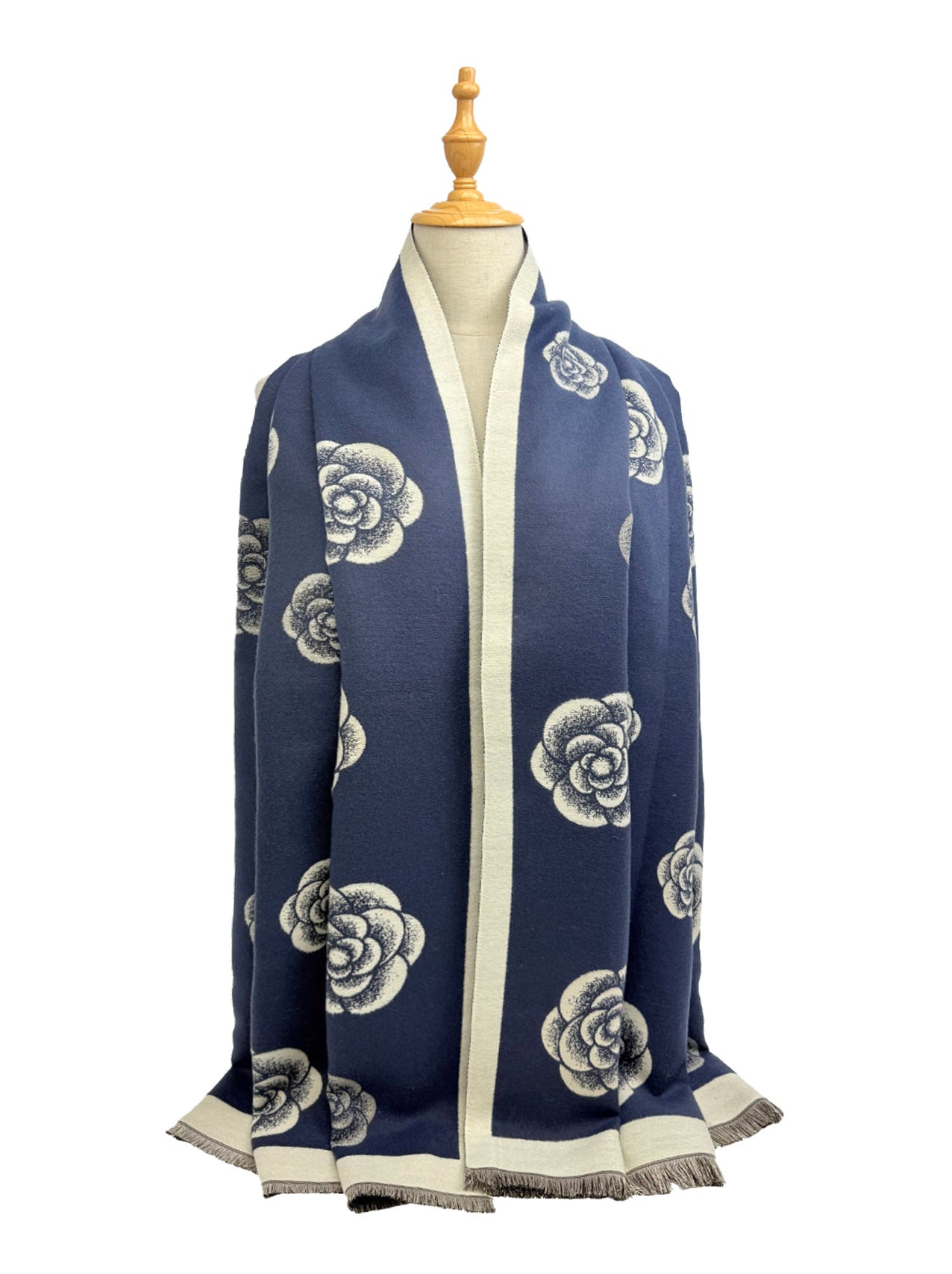 Floral Pattern Scarf with Rose Design, Grey and Cream, Fringed Border