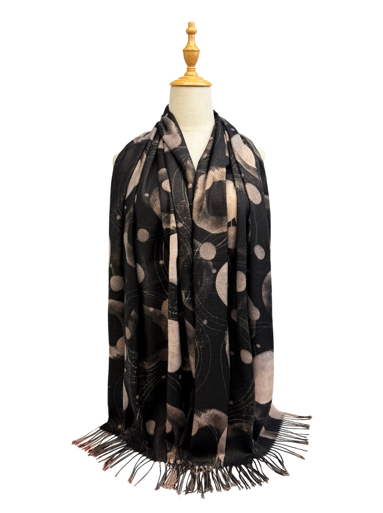 New Coming Winter Fashion Scarf with Polka Dot Design and Fringe Detail for Women in Black and Beige