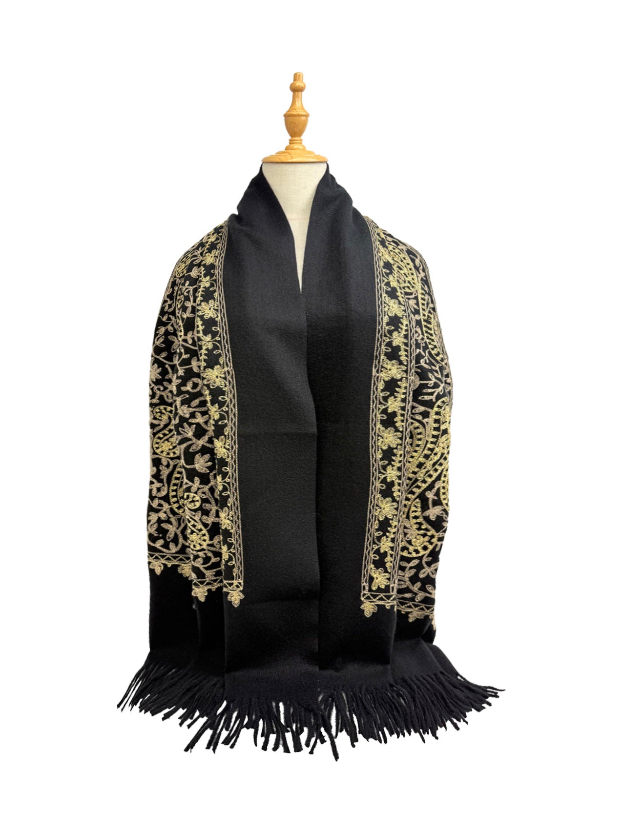 New Coming Winter Fashion Scarf with Gold Embroidery and Fringe Detail for Women Black and Gold Design