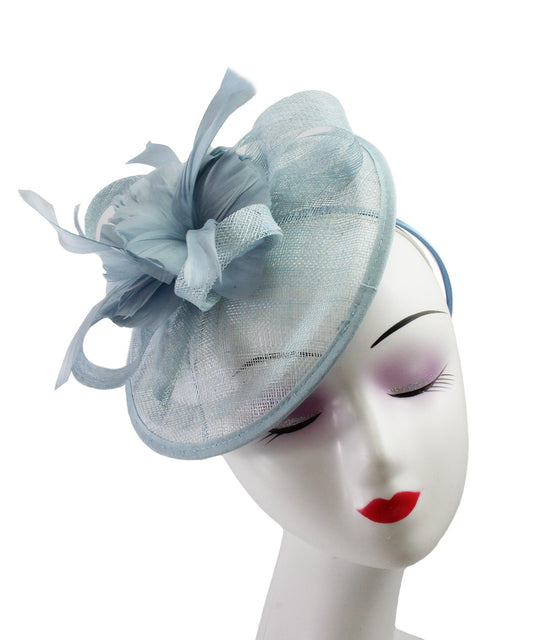 Sinamay Hatinator with Spiral Ribbon and Feather Flower