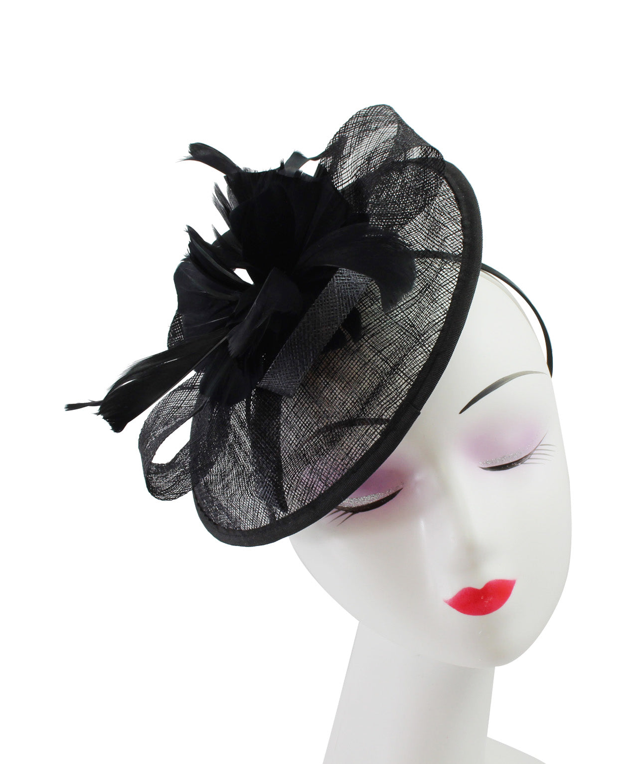 Sinamay Hatinator with Spiral Ribbon and Feather Flower