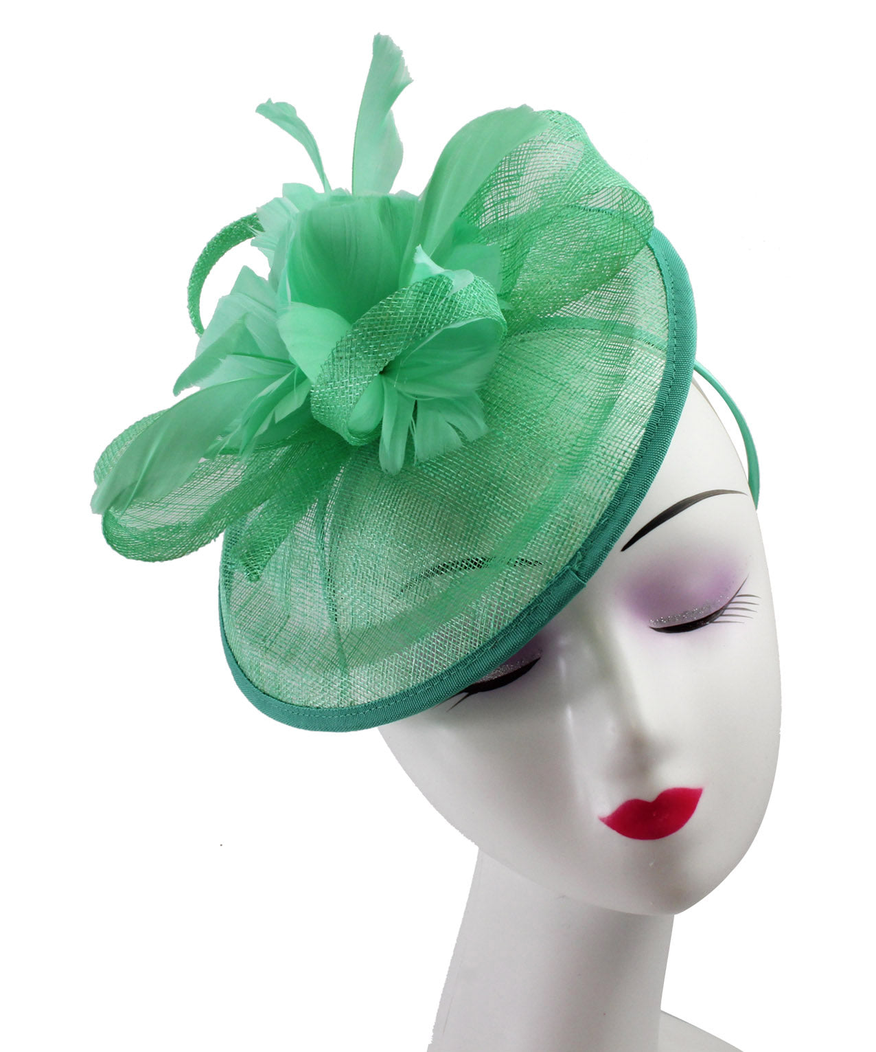 Sinamay Hatinator with Spiral Ribbon and Feather Flower