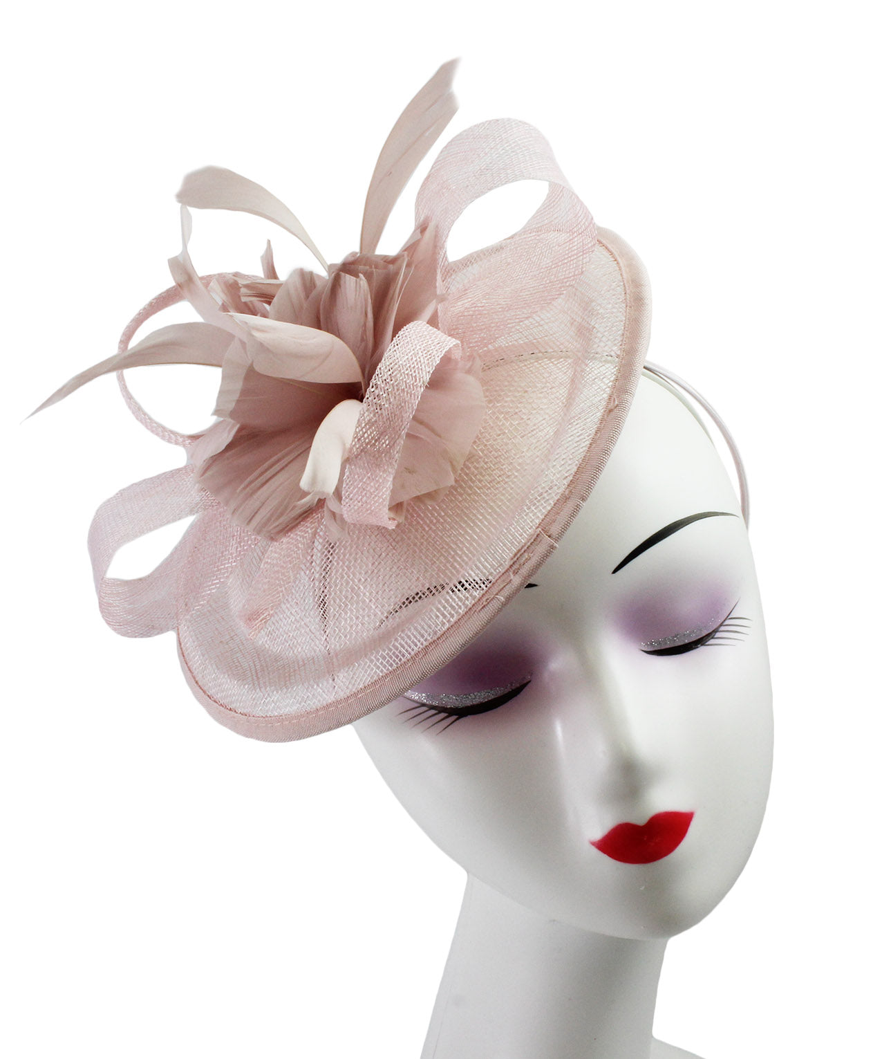 Sinamay Hatinator with Spiral Ribbon and Feather Flower