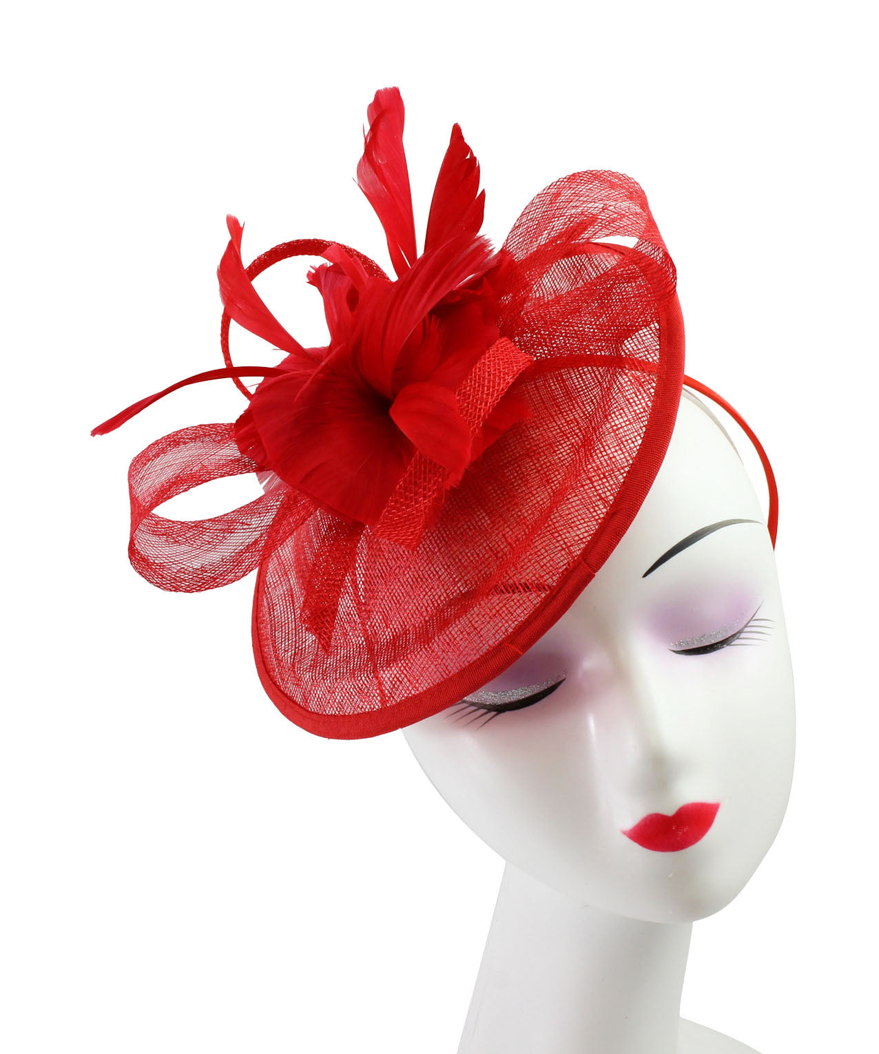 Sinamay Hatinator with Spiral Ribbon and Feather Flower