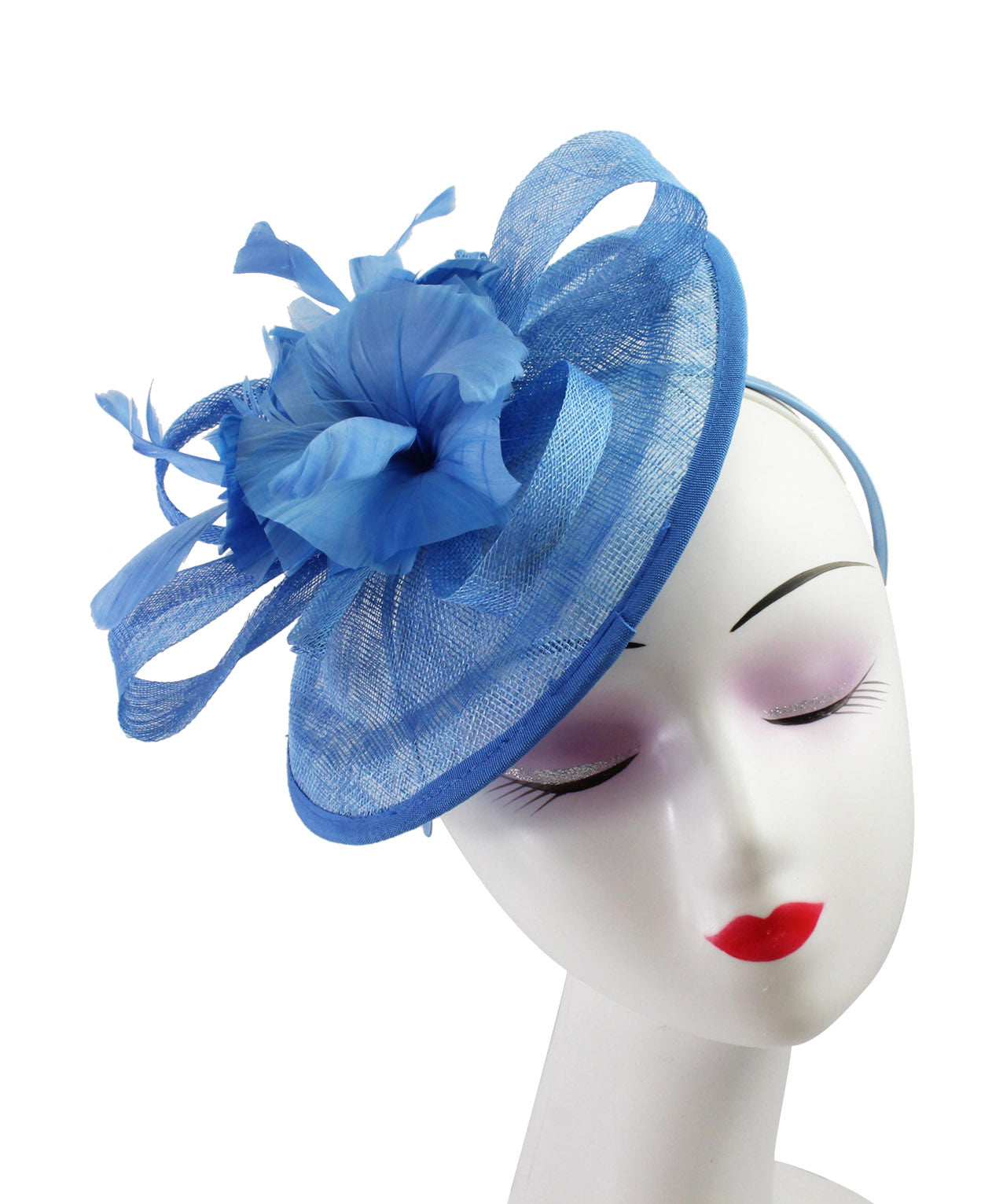 Sinamay Hatinator with Spiral Ribbon and Feather Flower