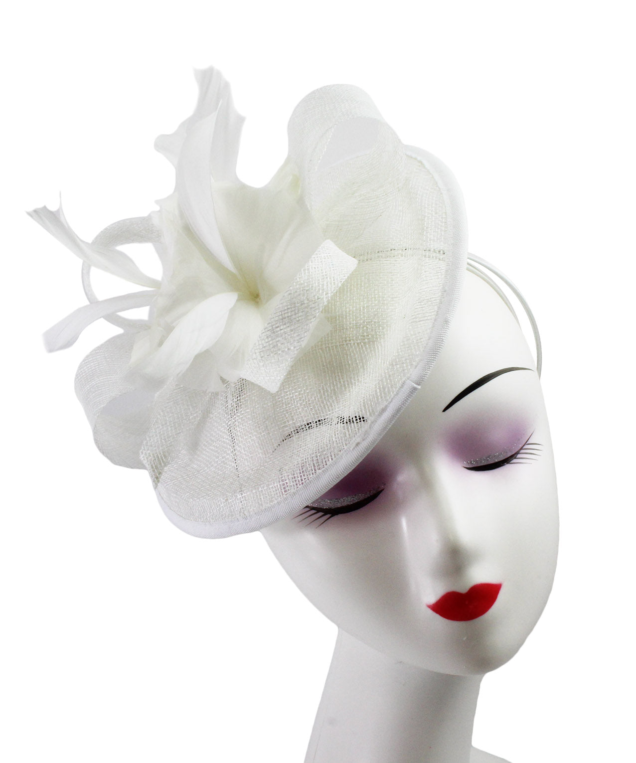 Sinamay Hatinator with Spiral Ribbon and Feather Flower